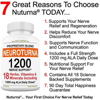 Neuroturna Support Supplement with 1200 mg Pure Alpha Lipoic Acid - Maximum Strength Formula with ALA + Vitamins + Minerals + Herbs - Best Natural Support - 180 Capsules - Maple Wellness Supplements