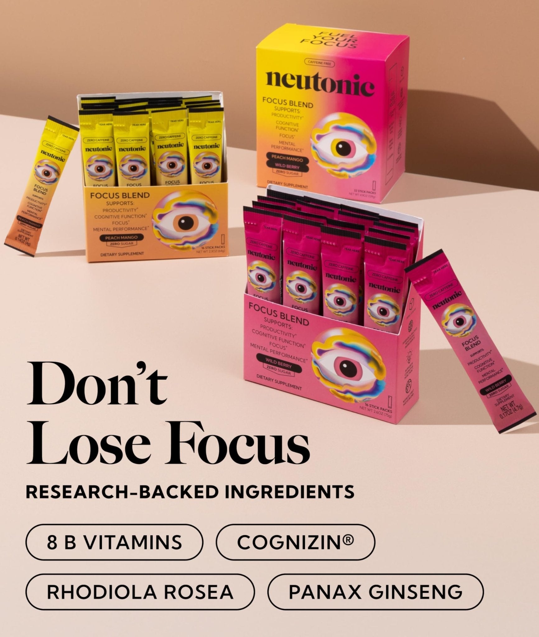 Neutonic Nootropic Focus Blend Powder | Peach Mango & Wild Berry 32 Sticks | Caffeine Free, Zero Sugar | Support Memory, Mental Clarity, Cognitive Function | Boost Focus, Energy, Brain Health - Maple Wellness Supplements