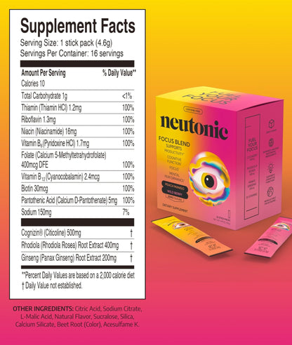 Neutonic Nootropic Focus Blend Powder | Peach Mango & Wild Berry 32 Sticks | Caffeine Free, Zero Sugar | Support Memory, Mental Clarity, Cognitive Function | Boost Focus, Energy, Brain Health - Maple Wellness Supplements
