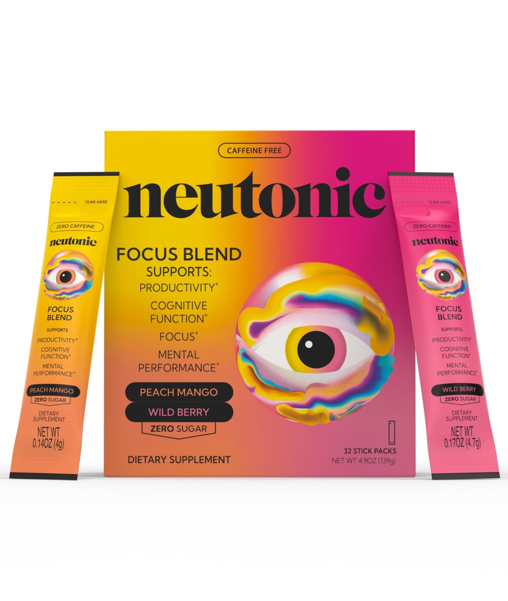 Neutonic Nootropic Focus Blend Powder | Peach Mango & Wild Berry 32 Sticks | Caffeine Free, Zero Sugar | Support Memory, Mental Clarity, Cognitive Function | Boost Focus, Energy, Brain Health - Maple Wellness Supplements
