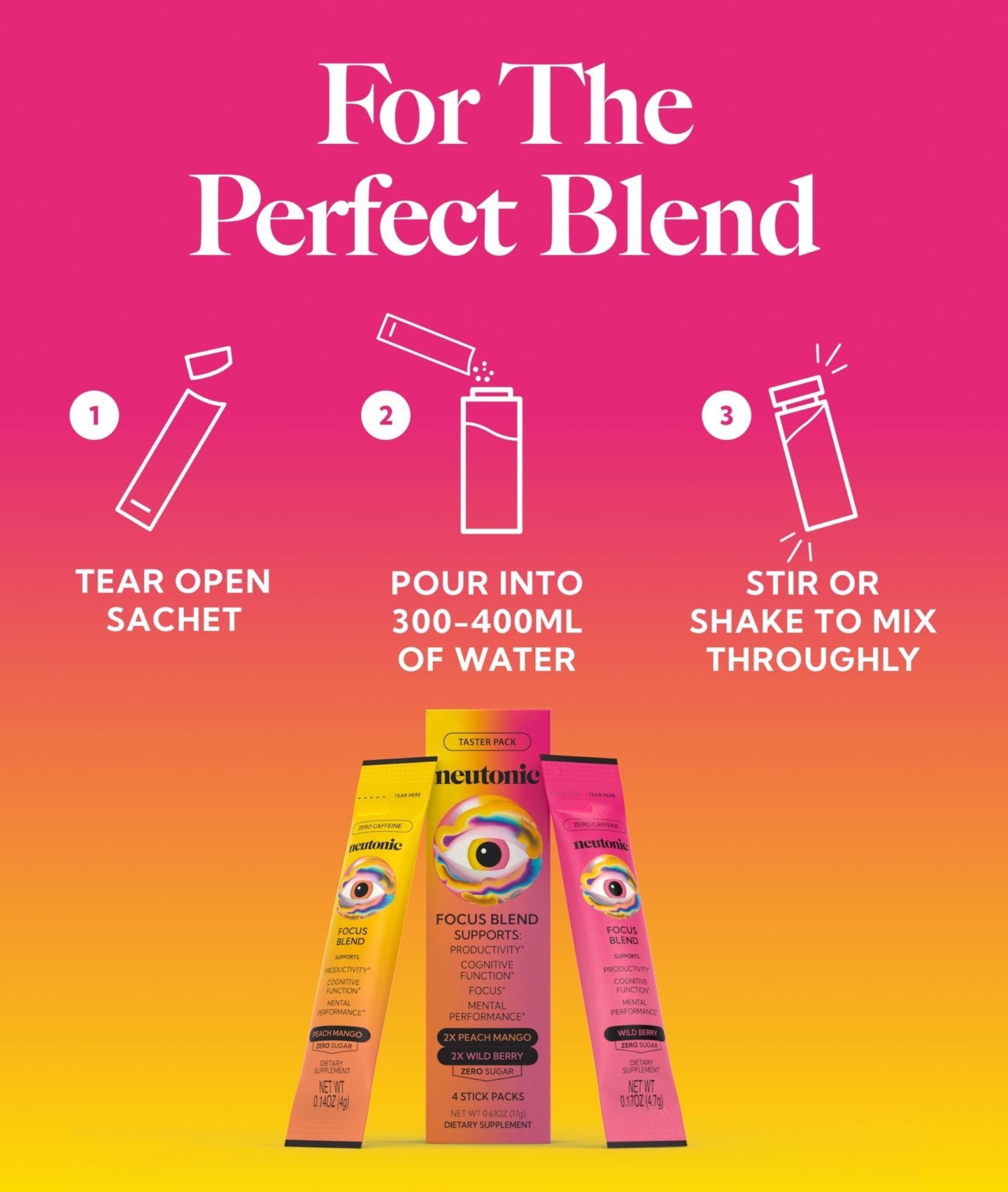 Neutonic Nootropic Focus Blend Powder | Peach Mango & Wild Berry 4 Sticks | Caffeine Free, Zero Sugar | Support Memory, Mental Clarity, Cognitive Function | Boost Focus, Energy, Brain Health - Maple Wellness Supplements