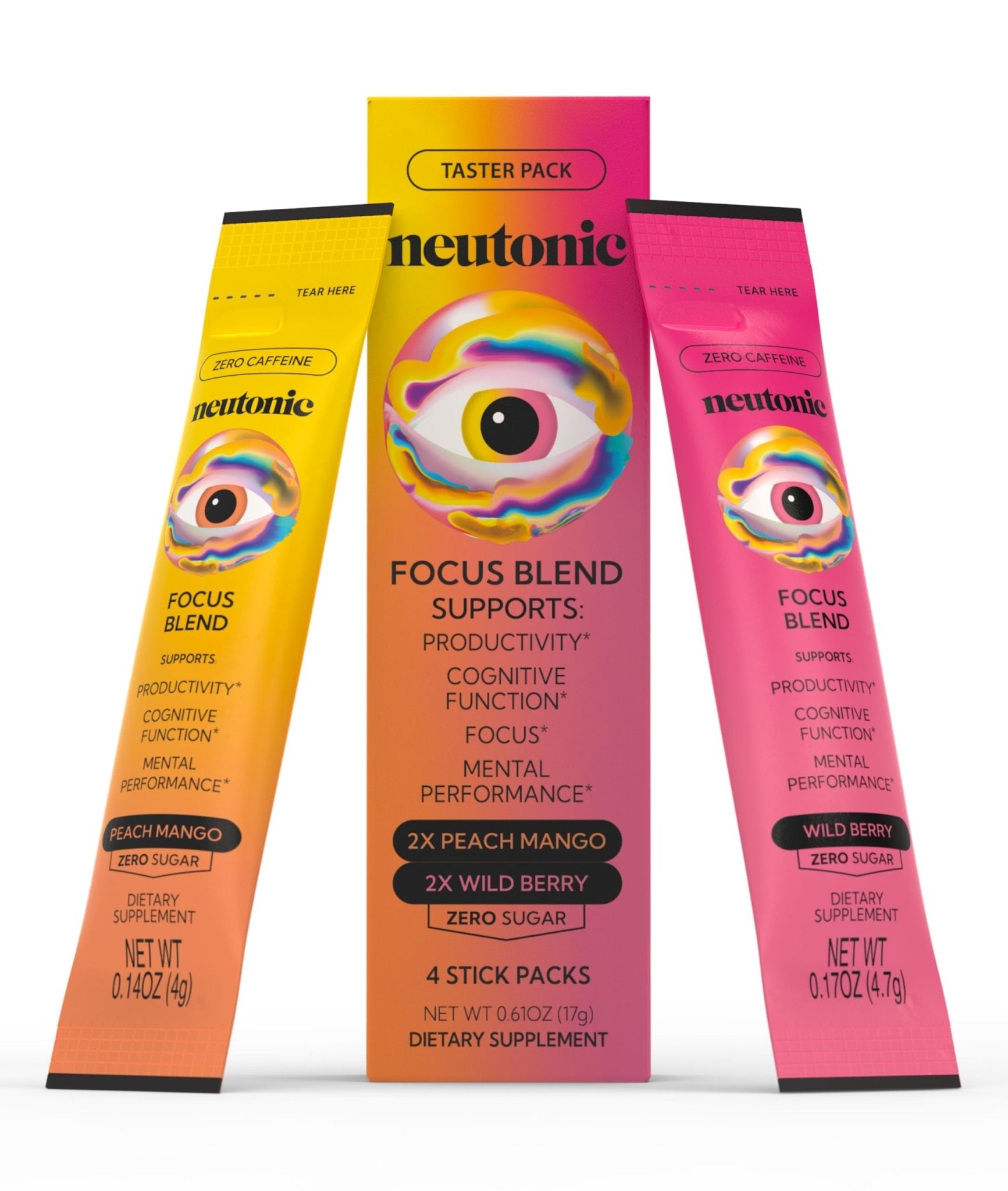 Neutonic Nootropic Focus Blend Powder | Peach Mango & Wild Berry 4 Sticks | Caffeine Free, Zero Sugar | Support Memory, Mental Clarity, Cognitive Function | Boost Focus, Energy, Brain Health - Maple Wellness Supplements