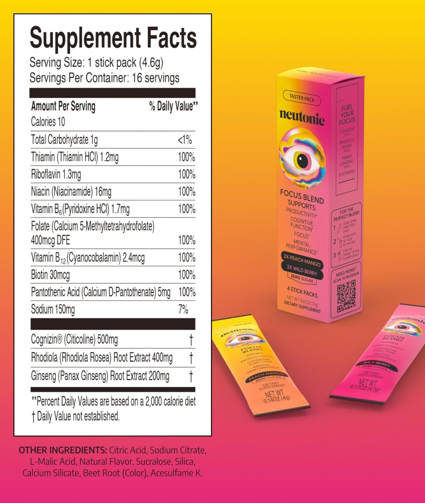 Neutonic Nootropic Focus Blend Powder | Peach Mango & Wild Berry 4 Sticks | Caffeine Free, Zero Sugar | Support Memory, Mental Clarity, Cognitive Function | Boost Focus, Energy, Brain Health - Maple Wellness Supplements