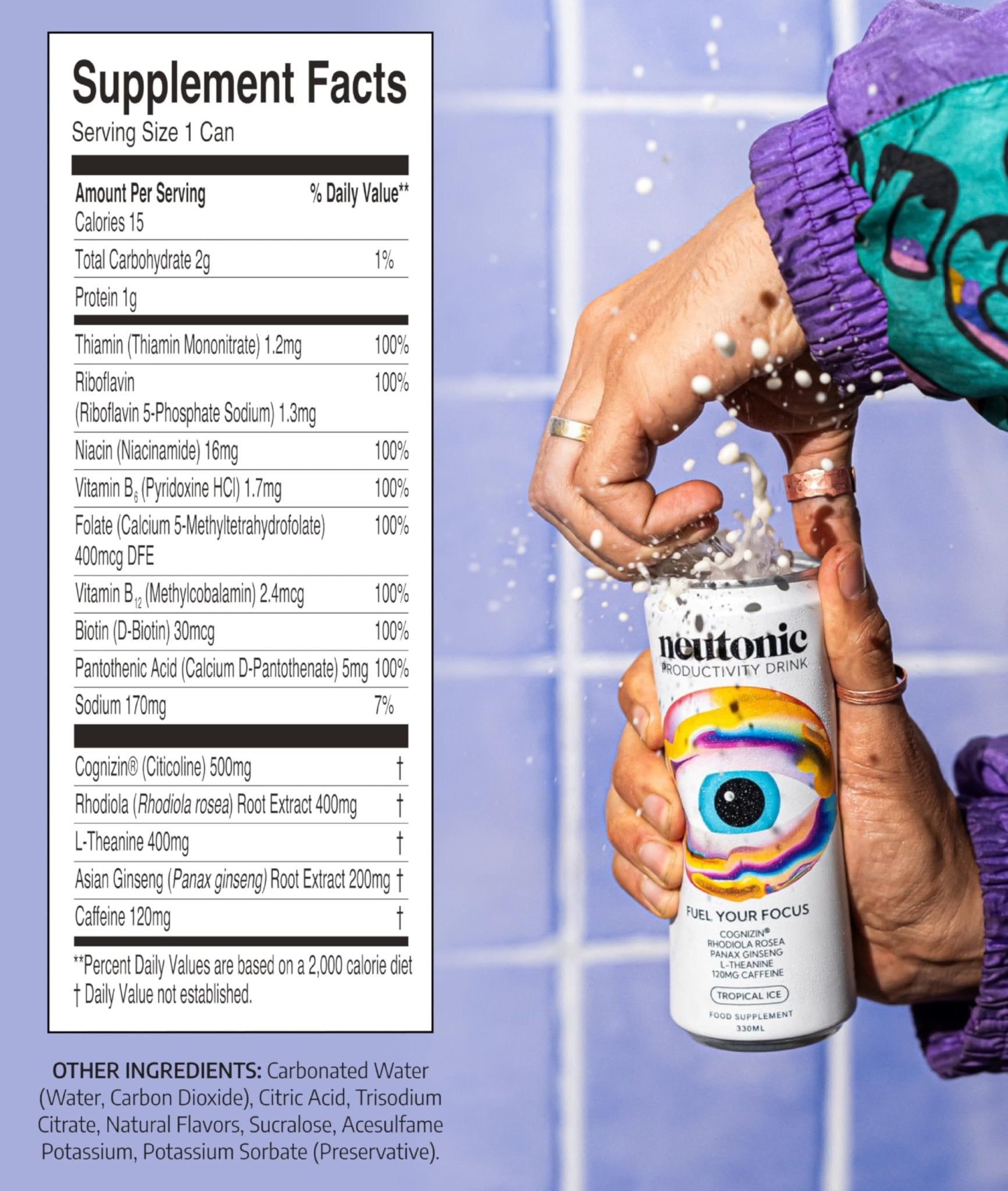 Neutonic Nootropic Productivity Energy Drink | Tropical Ice 12 Cans | 120mg Natural Caffeine, Zero Sugar | Support Memory, Mental Clarity, Cognitive Function | Boost Focus, Energy, Brain Health - Maple Wellness Supplements