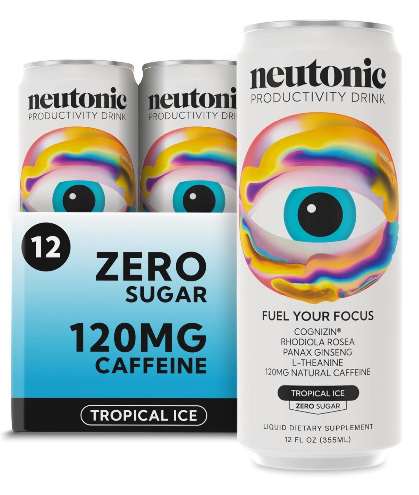 Neutonic Nootropic Productivity Energy Drink | Tropical Ice 12 Cans | 120mg Natural Caffeine, Zero Sugar | Support Memory, Mental Clarity, Cognitive Function | Boost Focus, Energy, Brain Health - Maple Wellness Supplements