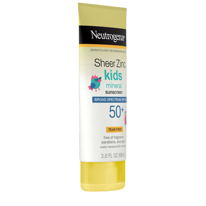 Neutrogena Sheer Zinc Oxide Kids Mineral Sunscreen Lotion, Broad Spectrum SPF 50+ with UVA/UVB Protection, Water-Resistant for 80 Minutes, Paraben-, Dye-, Fragrance- & Tear Free, 3 fl. oz - Maple Wellness Supplements
