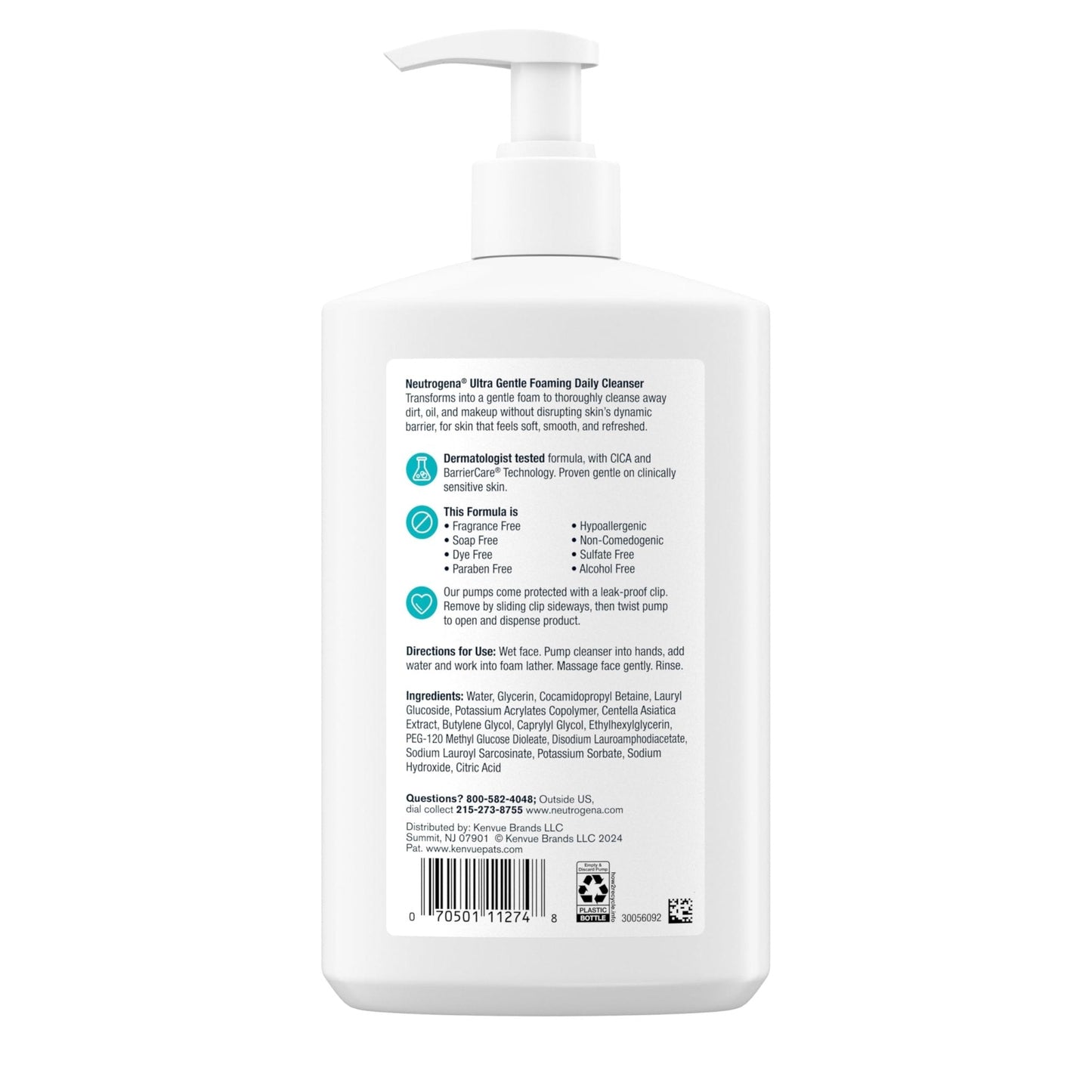Neutrogena Ultra Gentle Foaming Facial Cleanser, Fragrance Free Hydrating Face Wash for Sensitive Skin, Daily Non Over Drying Makeup Remover - Maple Wellness Supplements