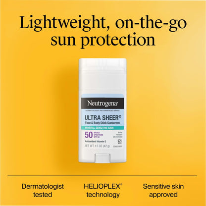 Neutrogena Ultra Sheer Dry Touch SPF 50 Mineral Sunscreen Stick for Sensitive Skin, Zinc Oxide, Body & Face Sunscreen - Maple Wellness Supplements