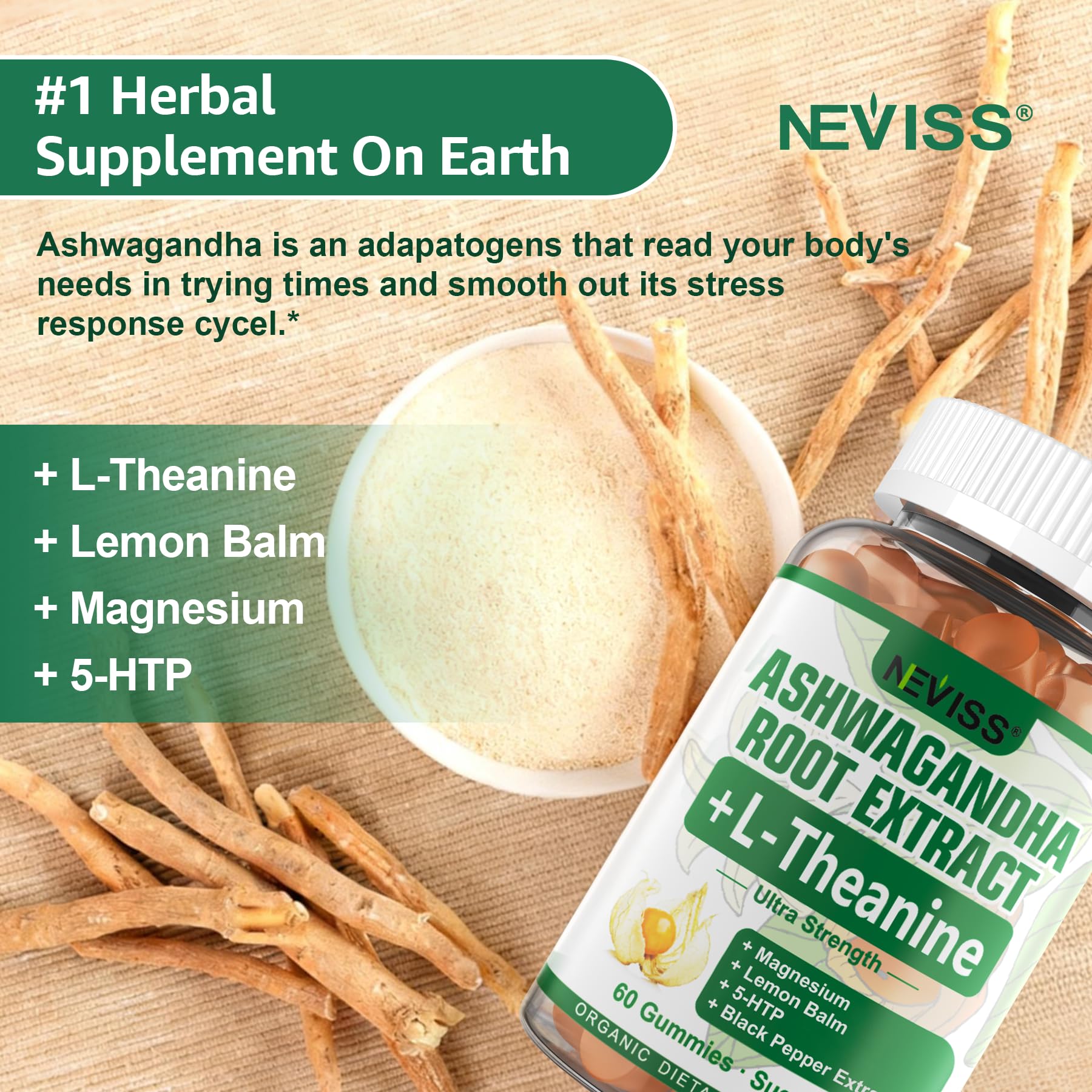 NEVISS Ashwagandha Gummies 2000mg, Feel Refreshed, Plus Proprietary Blend with L-Theanine, 5-HTP, Lemon Balm, Magnesium for Calm, Zzzs & Relaxation Support, 120 Count - Maple Wellness Supplements