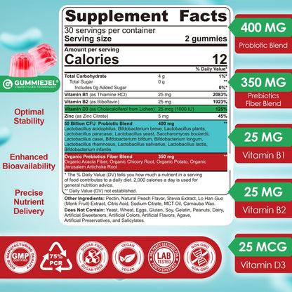 NEVISS Probiotic + Prebiotic Gummies for Adults & Kids 4+, Sugar Free Chewable 50 Billion CFUs w/Fiber, Vitamin B1 B2 D3 & Zinc, for Digestive & Gut Health - Maple Wellness Supplements