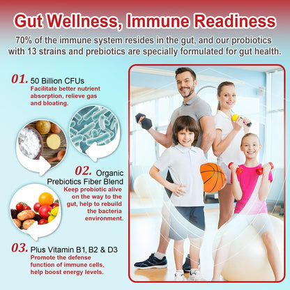NEVISS Probiotic + Prebiotic Gummies for Adults & Kids 4+, Sugar Free Chewable 50 Billion CFUs w/Fiber, Vitamin B1 B2 D3 & Zinc, for Digestive & Gut Health - Maple Wellness Supplements
