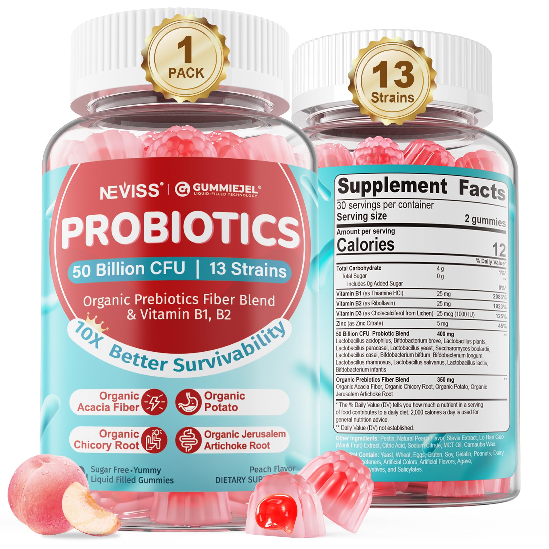 NEVISS Probiotic + Prebiotic Gummies for Adults & Kids 4+, Sugar Free Chewable 50 Billion CFUs w/Fiber, Vitamin B1 B2 D3 & Zinc, for Digestive & Gut Health - Maple Wellness Supplements