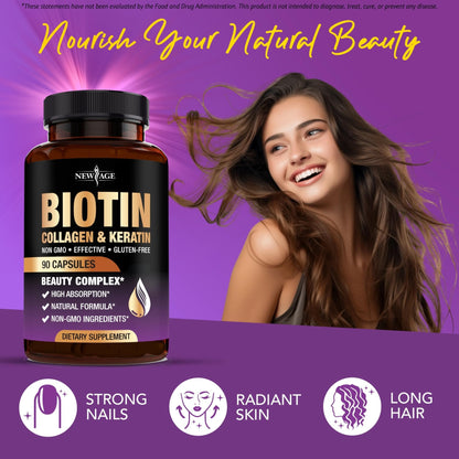 NEW AGE Biotin Collagen Keratin Hyaluronic Acid - 50,000mcg Hair Growth Vitamins for Men and Women, Nails, Hair, Skin Vitamins and DHT Blocker with Vitamin E Folic - Maple Wellness Supplements