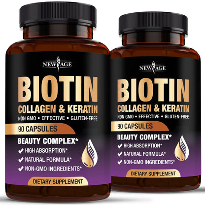 NEW AGE Biotin Collagen Keratin Hyaluronic Acid - 50,000mcg Hair Growth Vitamins for Men and Women, Nails, Hair, Skin Vitamins and DHT Blocker with Vitamin E Folic - Maple Wellness Supplements