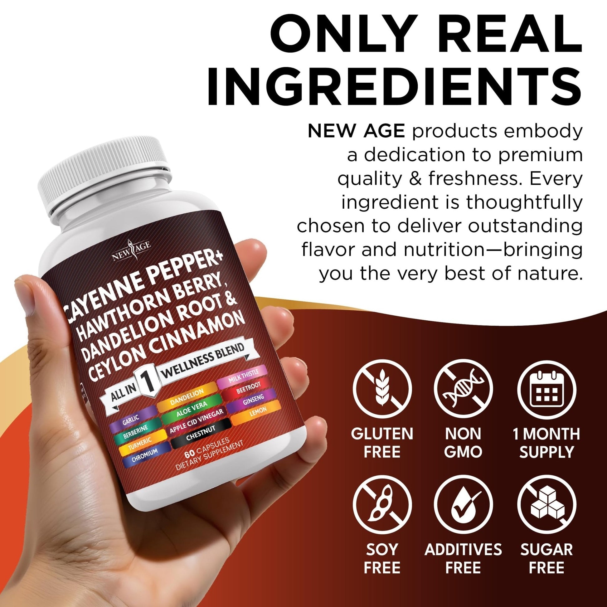 NEW AGE Cayenne Pepper Capsules Supplement with Hawthorn Berry, Dandelion Root, Ceylon Cinnamon, Garlic, Ginger, ACV, Milk Thistle, Beet Root, Aloe Vera - 120 Count - Maple Wellness Supplements
