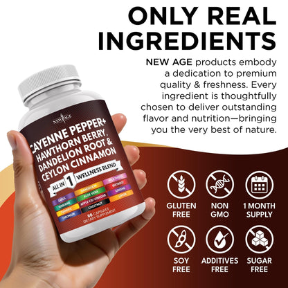 NEW AGE Cayenne Pepper Capsules Supplement with Hawthorn Berry, Dandelion Root, Ceylon Cinnamon, Garlic, Ginger, ACV, Milk Thistle, Beet Root, Aloe Vera - 120 Count - Maple Wellness Supplements