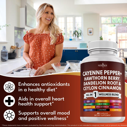 NEW AGE Cayenne Pepper Capsules Supplement with Hawthorn Berry, Dandelion Root, Ceylon Cinnamon, Garlic, Ginger, ACV, Milk Thistle, Beet Root, Aloe Vera - 120 Count - Maple Wellness Supplements