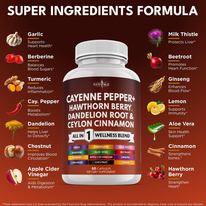 NEW AGE Cayenne Pepper Capsules Supplement with Hawthorn Berry, Dandelion Root, Ceylon Cinnamon, Garlic, Ginger, ACV, Milk Thistle, Beet Root, Aloe Vera - 120 Count - Maple Wellness Supplements