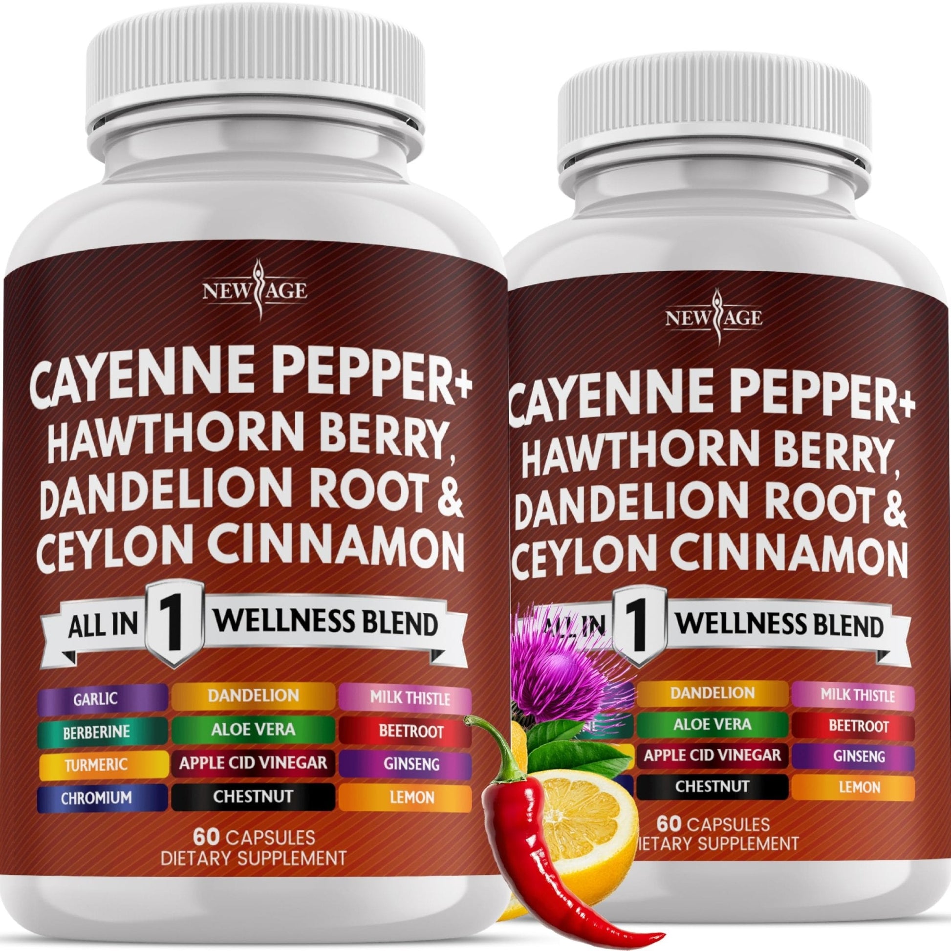 NEW AGE Cayenne Pepper Capsules Supplement with Hawthorn Berry, Dandelion Root, Ceylon Cinnamon, Garlic, Ginger, ACV, Milk Thistle, Beet Root, Aloe Vera - 120 Count - Maple Wellness Supplements