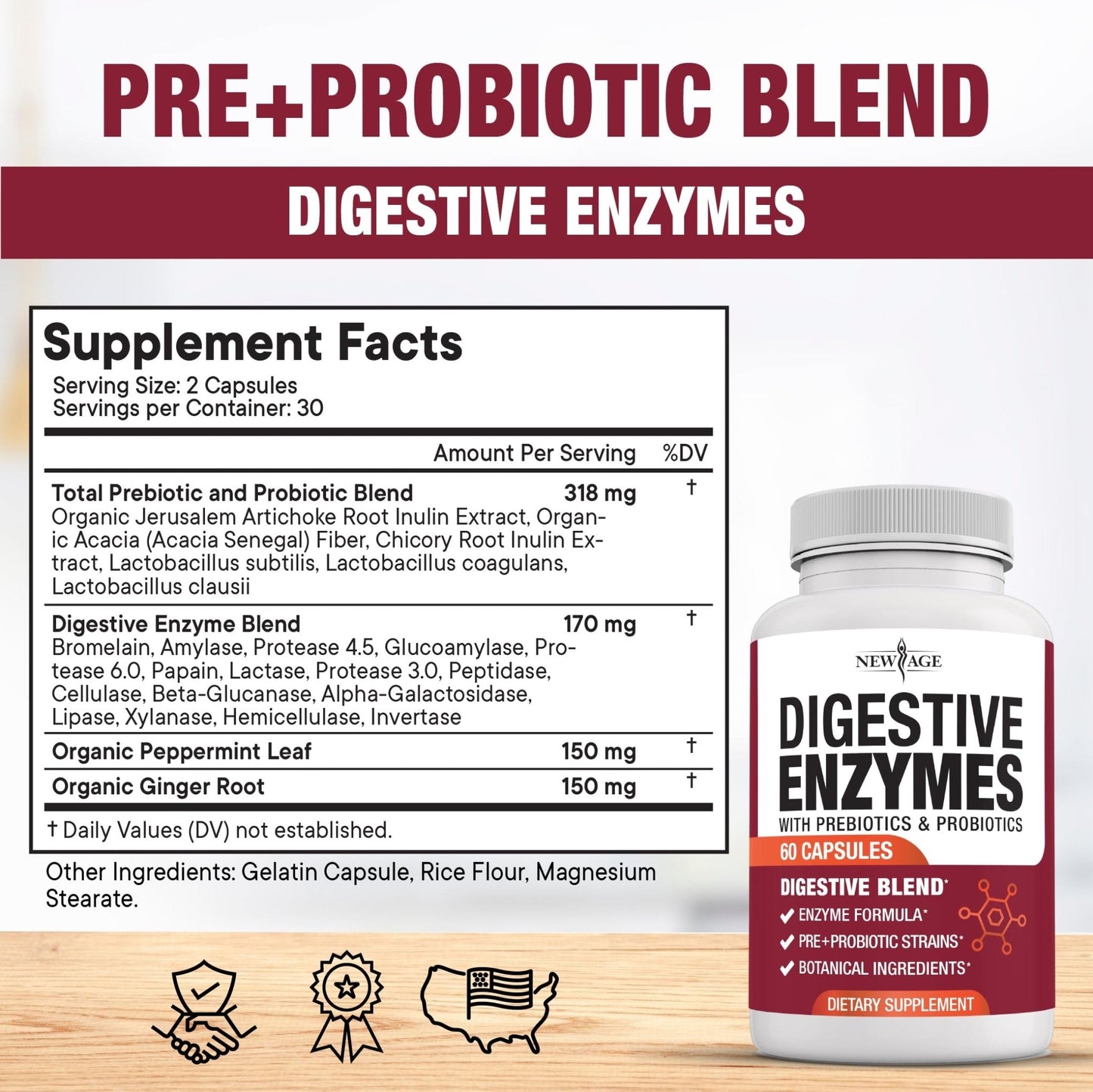 NEW AGE Digestive Enzymes for Gut Health - Probiotic Multi Enzymes with Prebiotics and Probiotics with Lipase for Women and Men for Digestive Health, - Maple Wellness Supplements