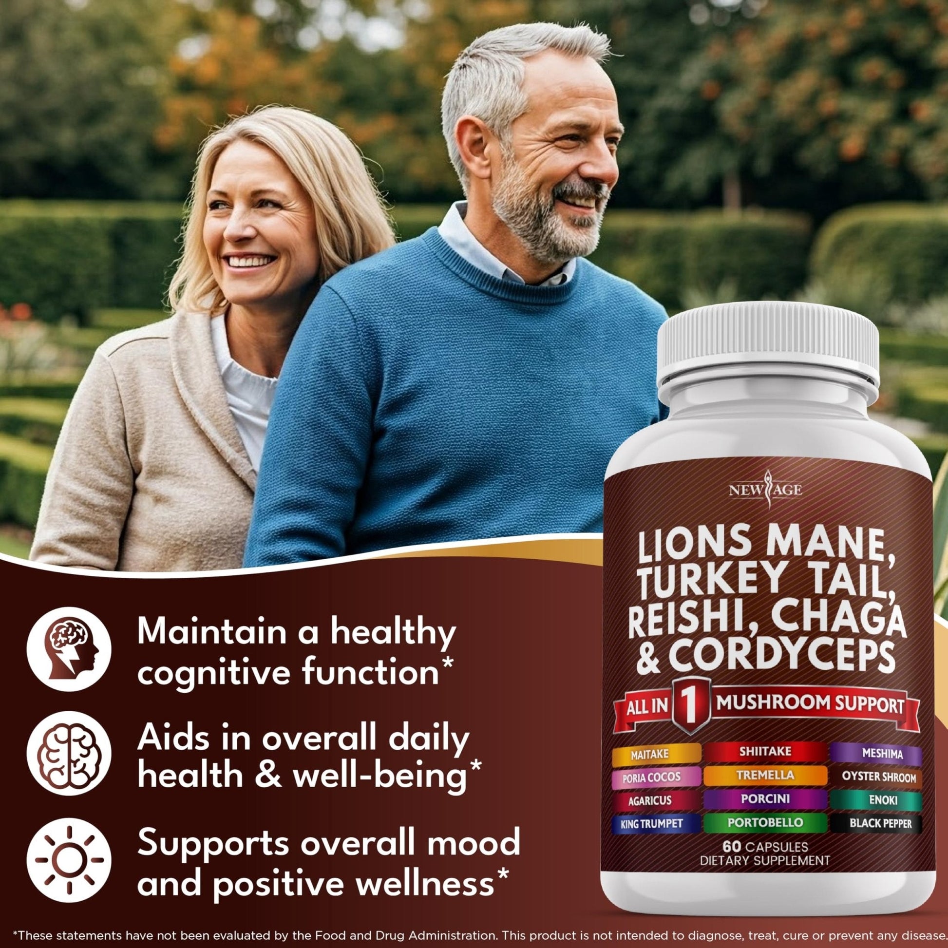 NEW AGE Lions Mane Mushroom Supplement with Turkey Tail Reishi Cordyceps Chaga with Marshmallow Root - 120 Count - Maple Wellness Supplements