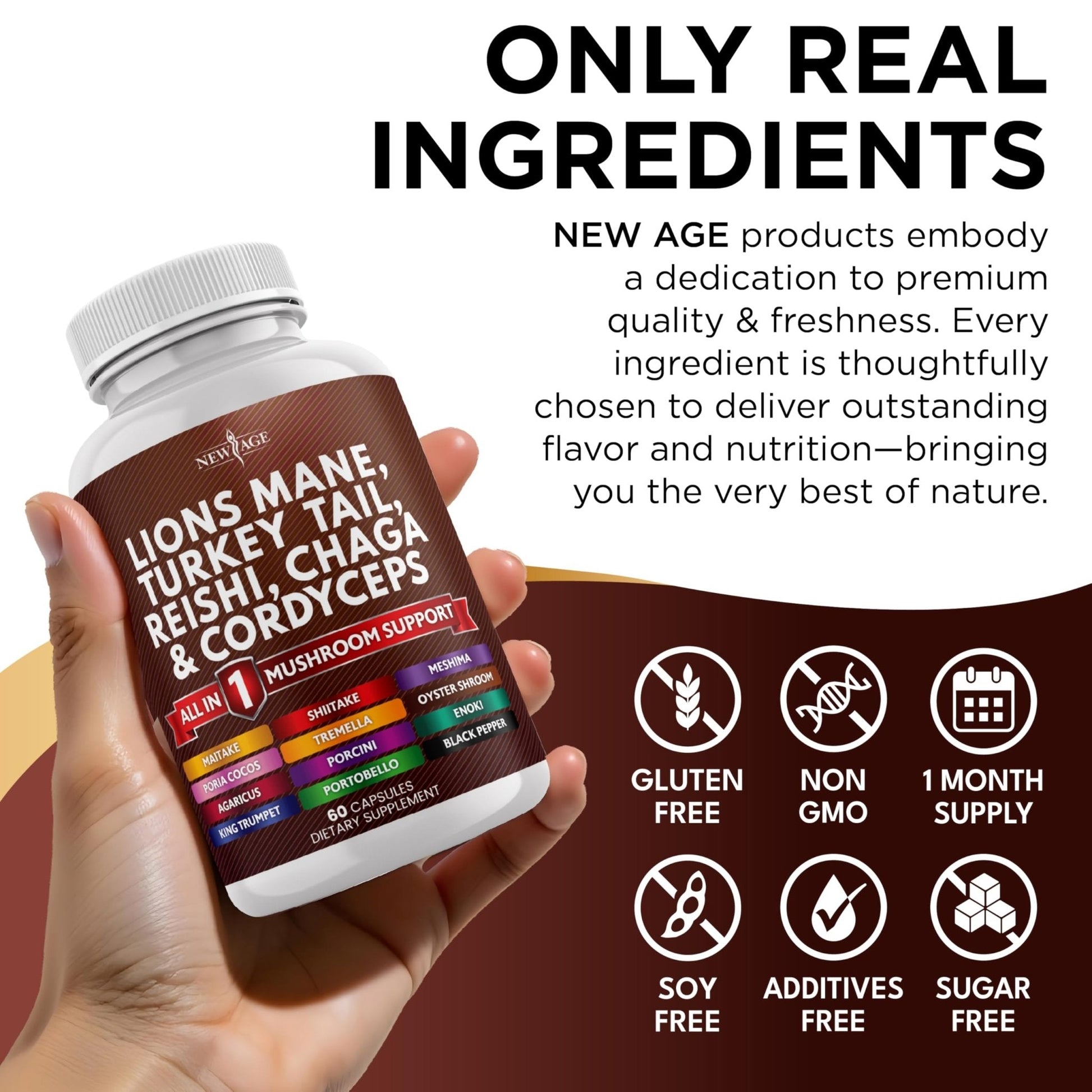 NEW AGE Lions Mane Mushroom Supplement with Turkey Tail Reishi Cordyceps Chaga with Marshmallow Root - 120 Count - Maple Wellness Supplements
