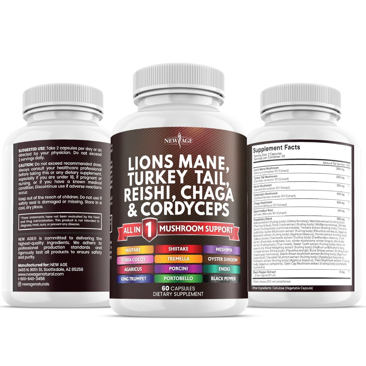 NEW AGE Lions Mane Mushroom Supplement with Turkey Tail Reishi Cordyceps Chaga with Marshmallow Root - 120 Count - Maple Wellness Supplements