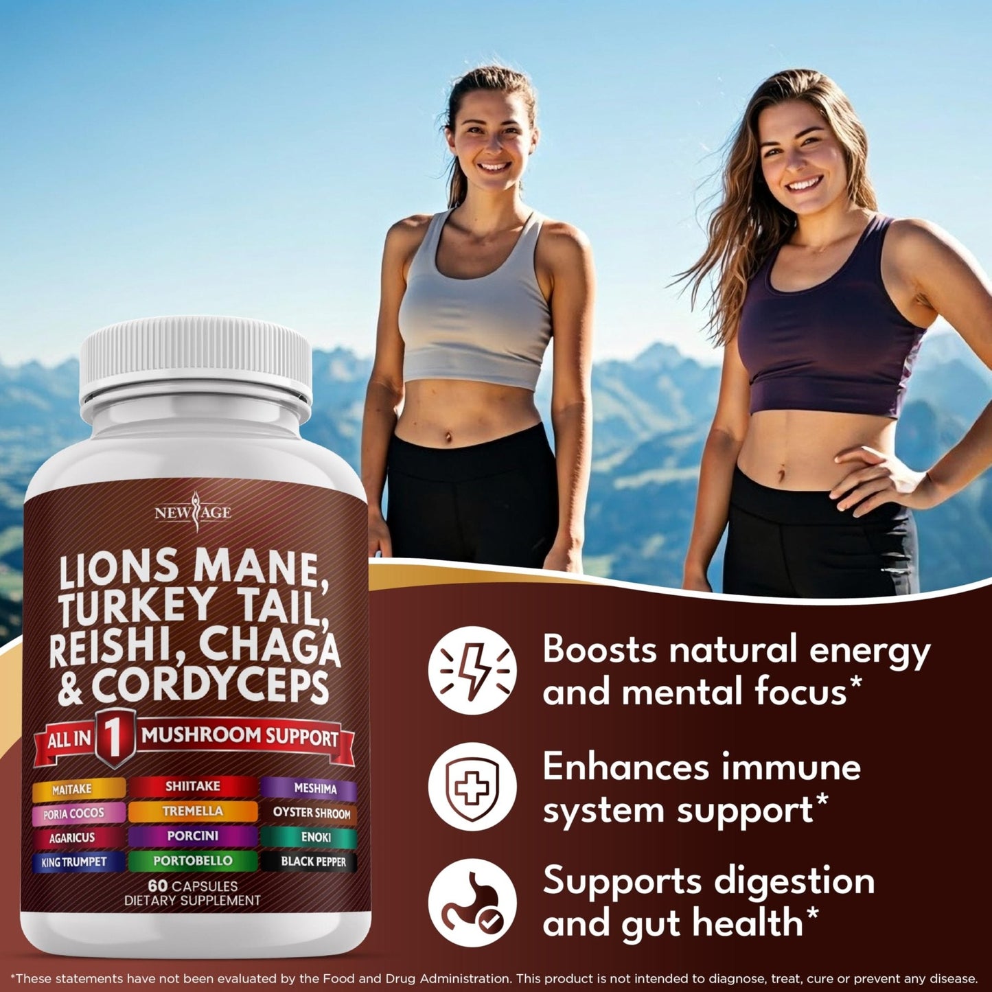 NEW AGE Lions Mane Mushroom Supplement with Turkey Tail Reishi Cordyceps Chaga with Marshmallow Root - 120 Count - Maple Wellness Supplements