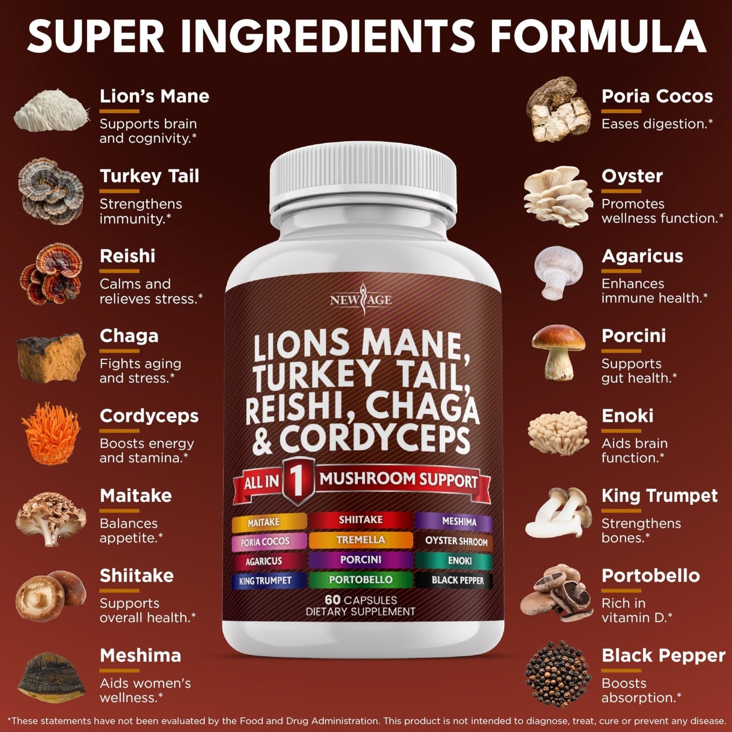 NEW AGE Lions Mane Mushroom Supplement with Turkey Tail Reishi Cordyceps Chaga with Marshmallow Root - 120 Count - Maple Wellness Supplements