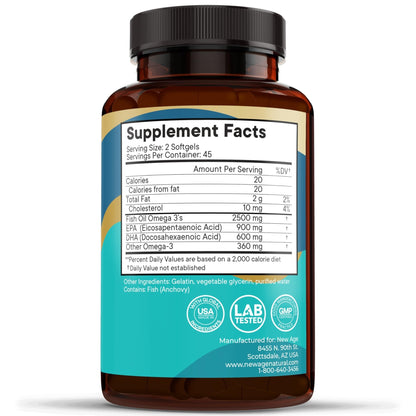 NEW AGE Omega 3 Fish Oil 2500mg Supplement Non GMO - EPA, DHA Fatty Acids Gluten Free (180 Softgels (Pack of 2)) - Maple Wellness Supplements