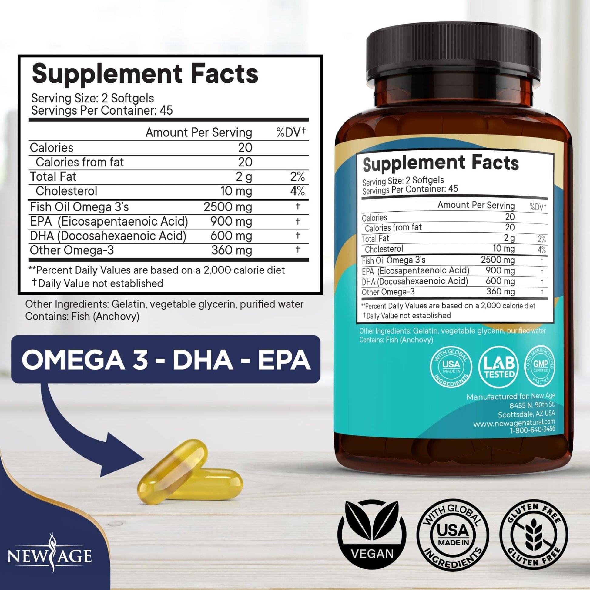 NEW AGE Omega 3 Fish Oil 2500mg Supplement Non GMO - EPA, DHA Fatty Acids Gluten Free (180 Softgels (Pack of 2)) - Maple Wellness Supplements