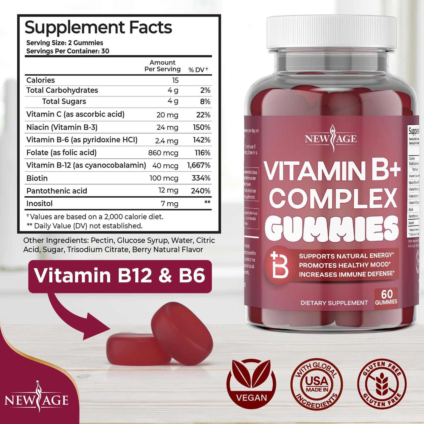 NEW AGE Vitamin B Complex Gummies with Vitamin B3, B6, & B12 – with Biotin, Folic Acid & Vitamin C – Gluten-Free, Vegan - Maple Wellness Supplements
