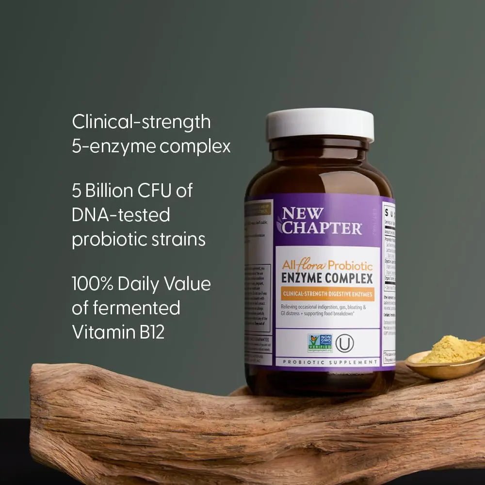 New Chapter All-Flora Enzyme Complex with Probiotics Relieves Bloating & Gas - Clinical-Strength Digestive Enzymes + Ultra-Concentrated Probiotics + Fermented Vitamin B12, 90 Vegan Capsules - Maple Wellness Supplements