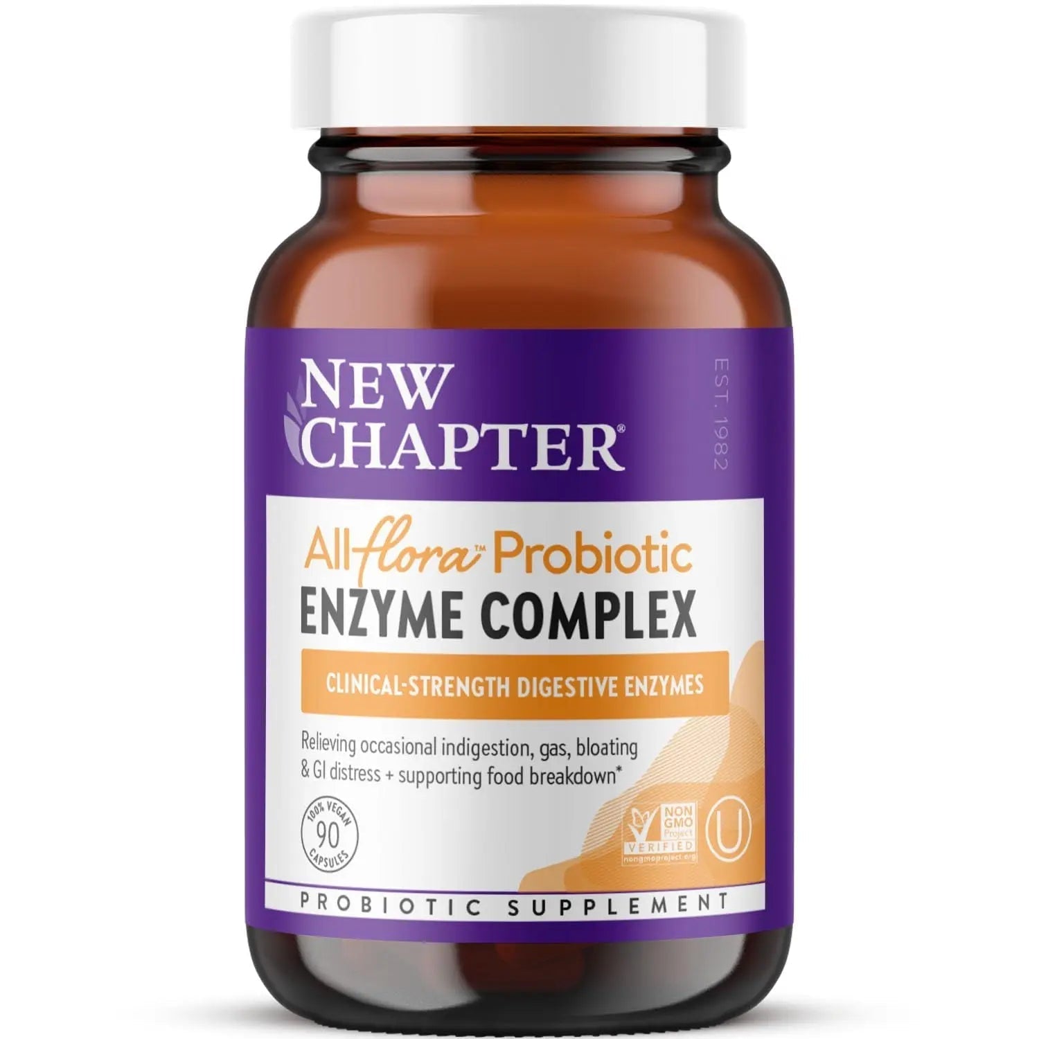 New Chapter All-Flora Enzyme Complex with Probiotics Relieves Bloating & Gas - Clinical-Strength Digestive Enzymes + Ultra-Concentrated Probiotics + Fermented Vitamin B12, 90 Vegan Capsules - Maple Wellness Supplements
