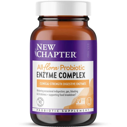 New Chapter All-Flora Enzyme Complex with Probiotics Relieves Bloating & Gas - Clinical-Strength Digestive Enzymes + Ultra-Concentrated Probiotics + Fermented Vitamin B12, 90 Vegan Capsules - Maple Wellness Supplements
