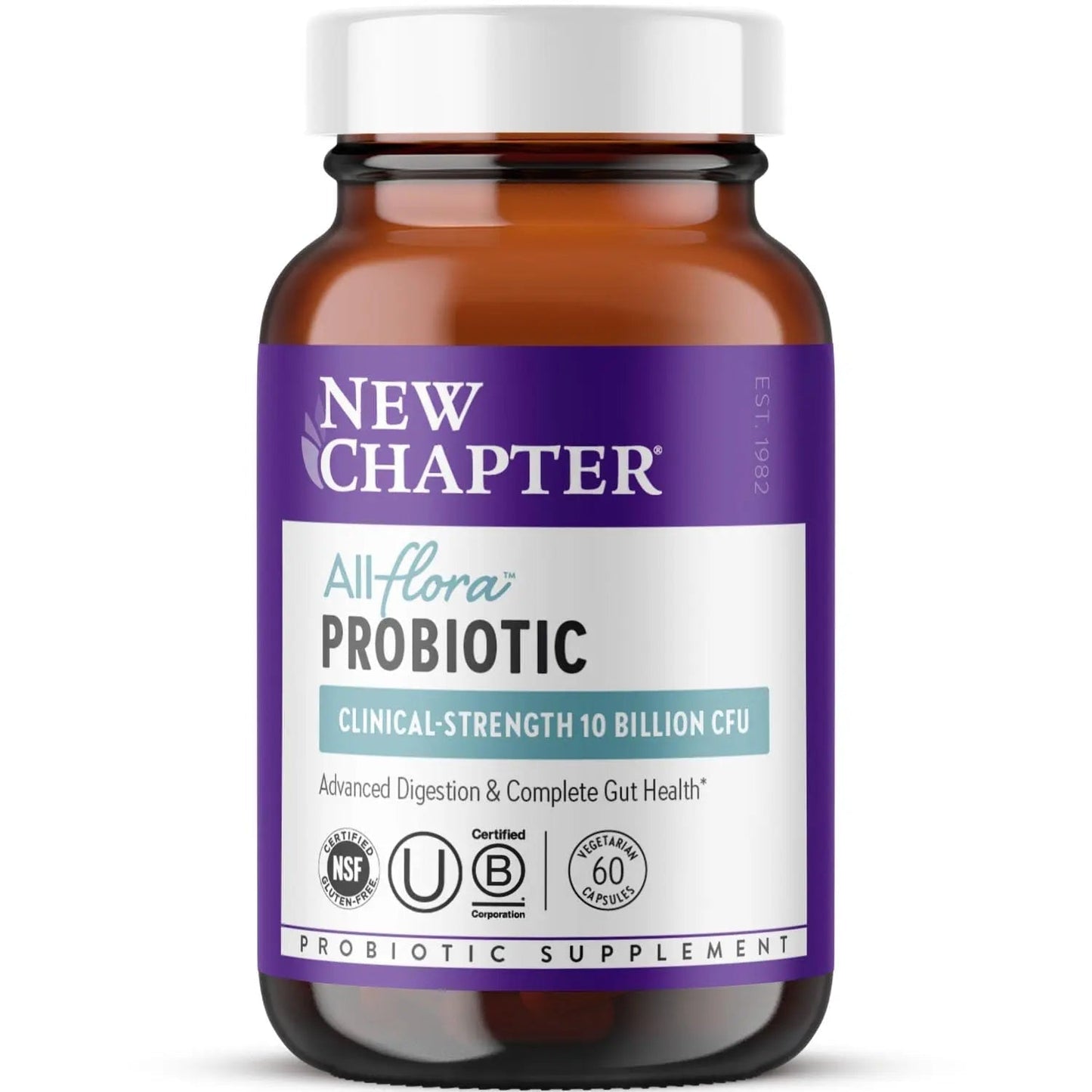 New Chapter All-Flora Probiotic for Advanced Digestion & Complete Gut Health with Prebiotics + Postbiotics, Clinical-Strength Strains, 100% Vegetarian, Non-GMO, Shelf Stable - 60 ct (2 Month Supply) - Maple Wellness Supplements