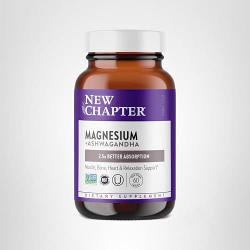New Chapter Magnesium + Ashwagandha Supplement, 325 mg with Magnesium Glycinate for Muscle Relaxation & Recovery, Heart, Nerve & Bone Health, 2.5X Absorption - Maple Wellness Supplements
