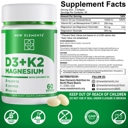 New Elements Vitamin D3 K2 10,000 IU with Magnesium Glycinate 500mg - Bone Health, Immune Support, Energy & Mood - Non-GMO, Gluten-Free - Maple Wellness Supplements