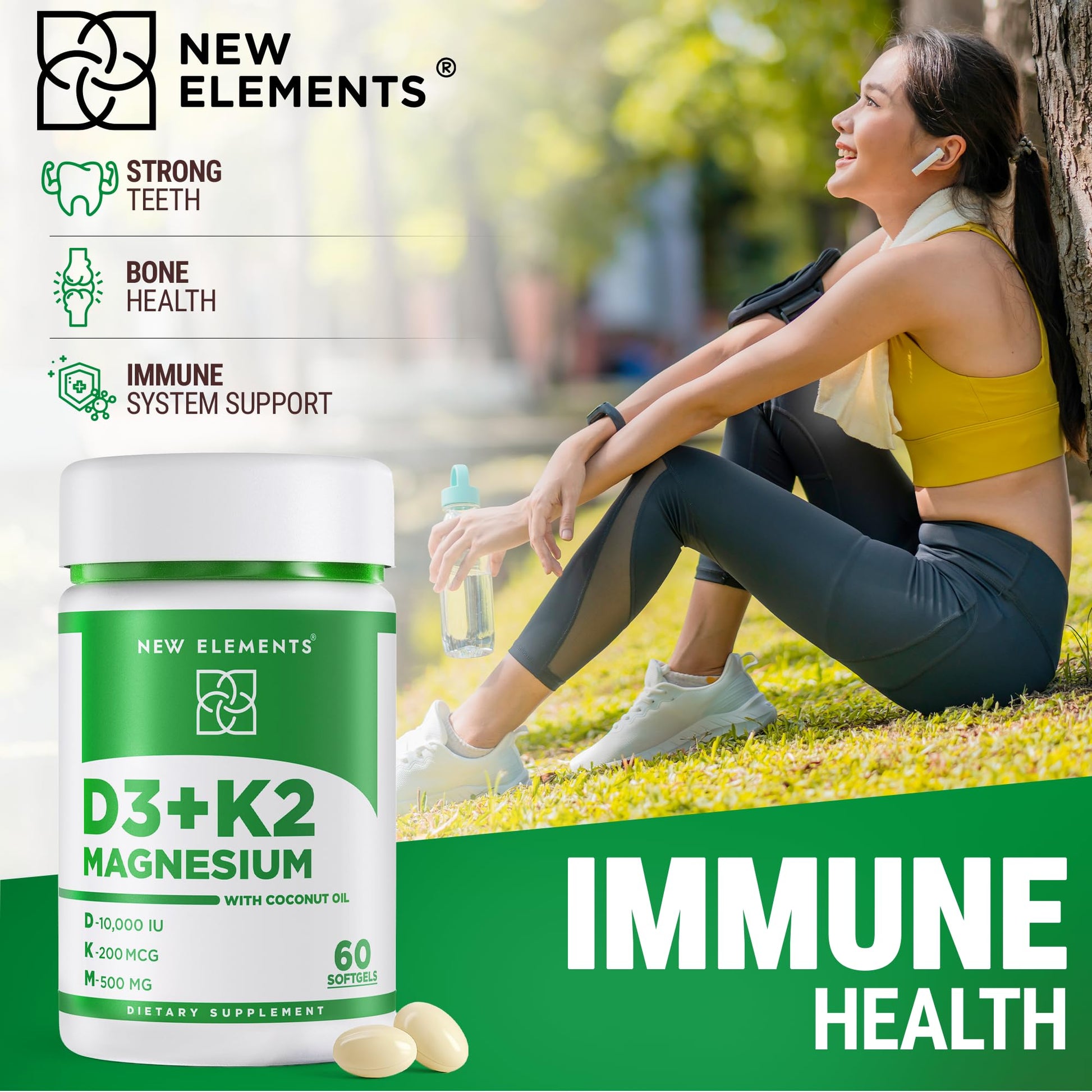 New Elements Vitamin D3 K2 10,000 IU with Magnesium Glycinate 500mg - Bone Health, Immune Support, Energy & Mood - Non-GMO, Gluten-Free - Maple Wellness Supplements