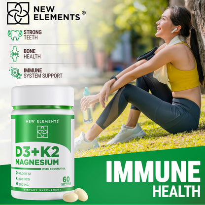 New Elements Vitamin D3 K2 10,000 IU with Magnesium Glycinate 500mg - Bone Health, Immune Support, Energy & Mood - Non-GMO, Gluten-Free - Maple Wellness Supplements