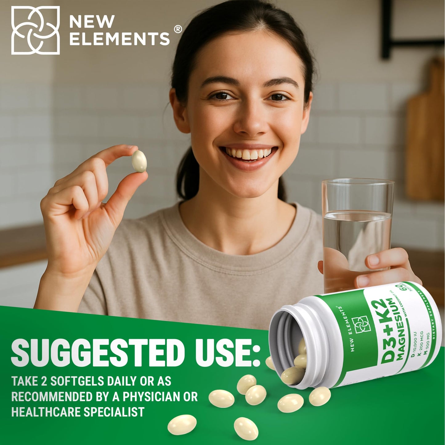 New Elements Vitamin D3 K2 10,000 IU with Magnesium Glycinate 500mg - Bone Health, Immune Support, Energy & Mood - Non-GMO, Gluten-Free - Maple Wellness Supplements