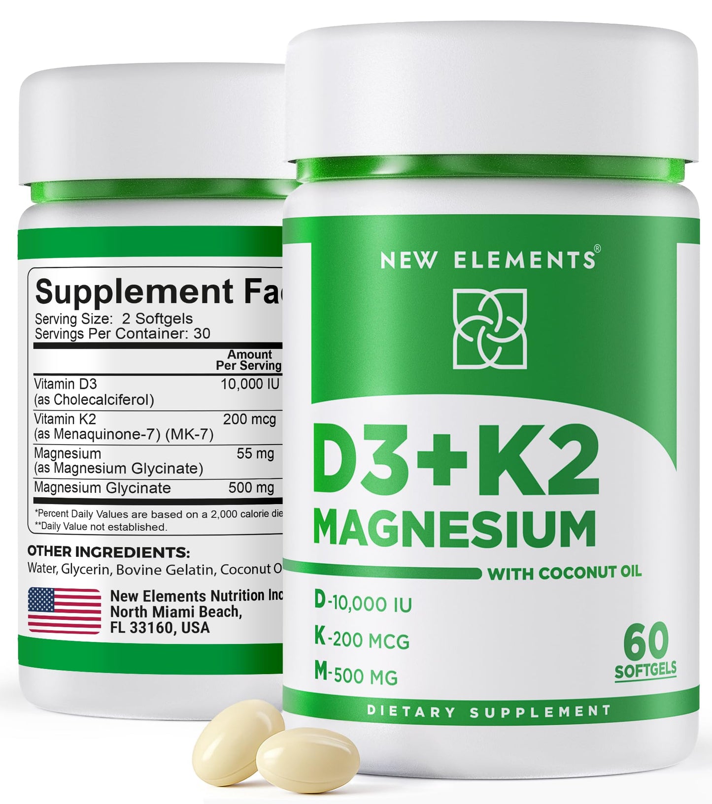 New Elements Vitamin D3 K2 10,000 IU with Magnesium Glycinate 500mg - Bone Health, Immune Support, Energy & Mood - Non-GMO, Gluten-Free - Maple Wellness Supplements