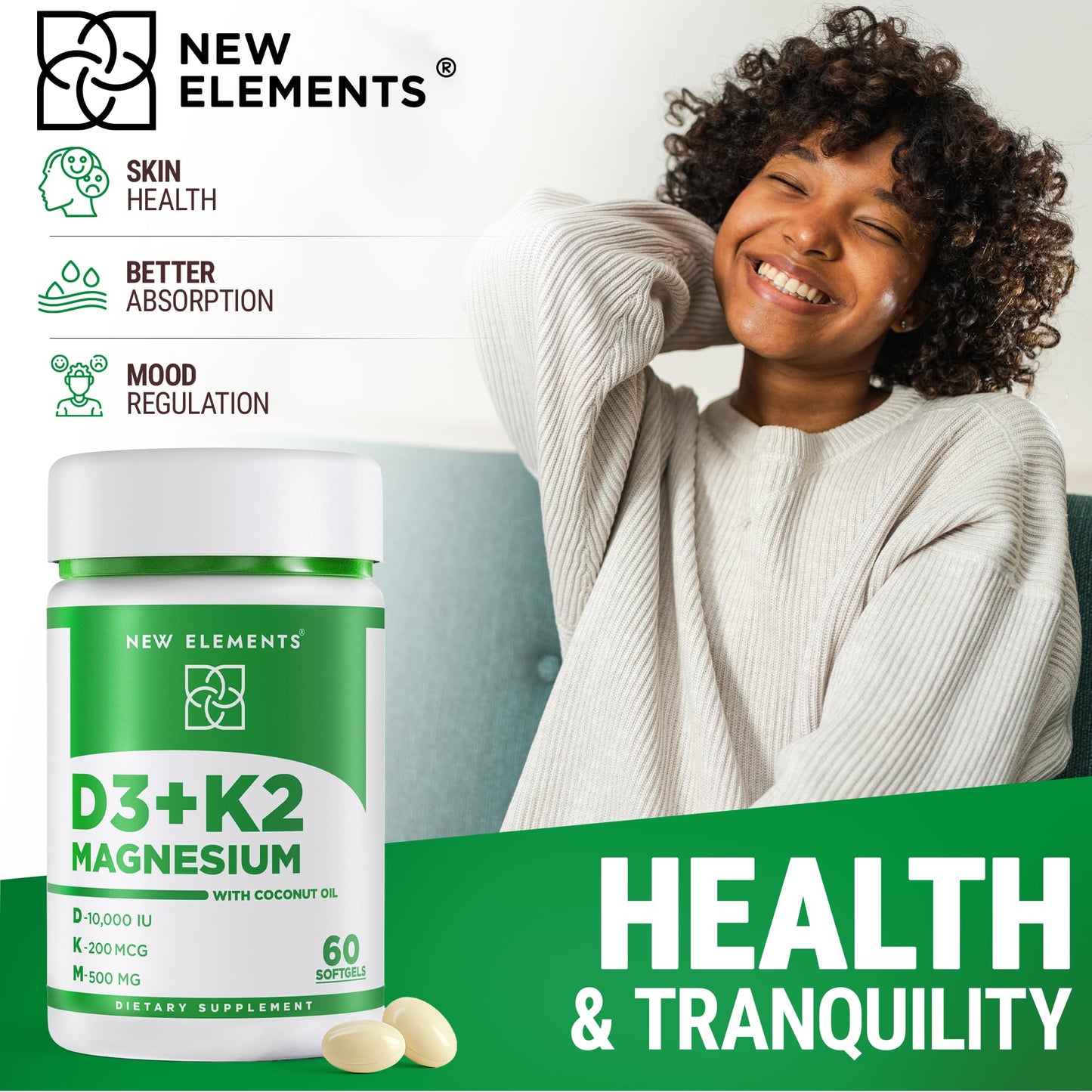 New Elements Vitamin D3 K2 10,000 IU with Magnesium Glycinate 500mg - Bone Health, Immune Support, Energy & Mood - Non-GMO, Gluten-Free - Maple Wellness Supplements