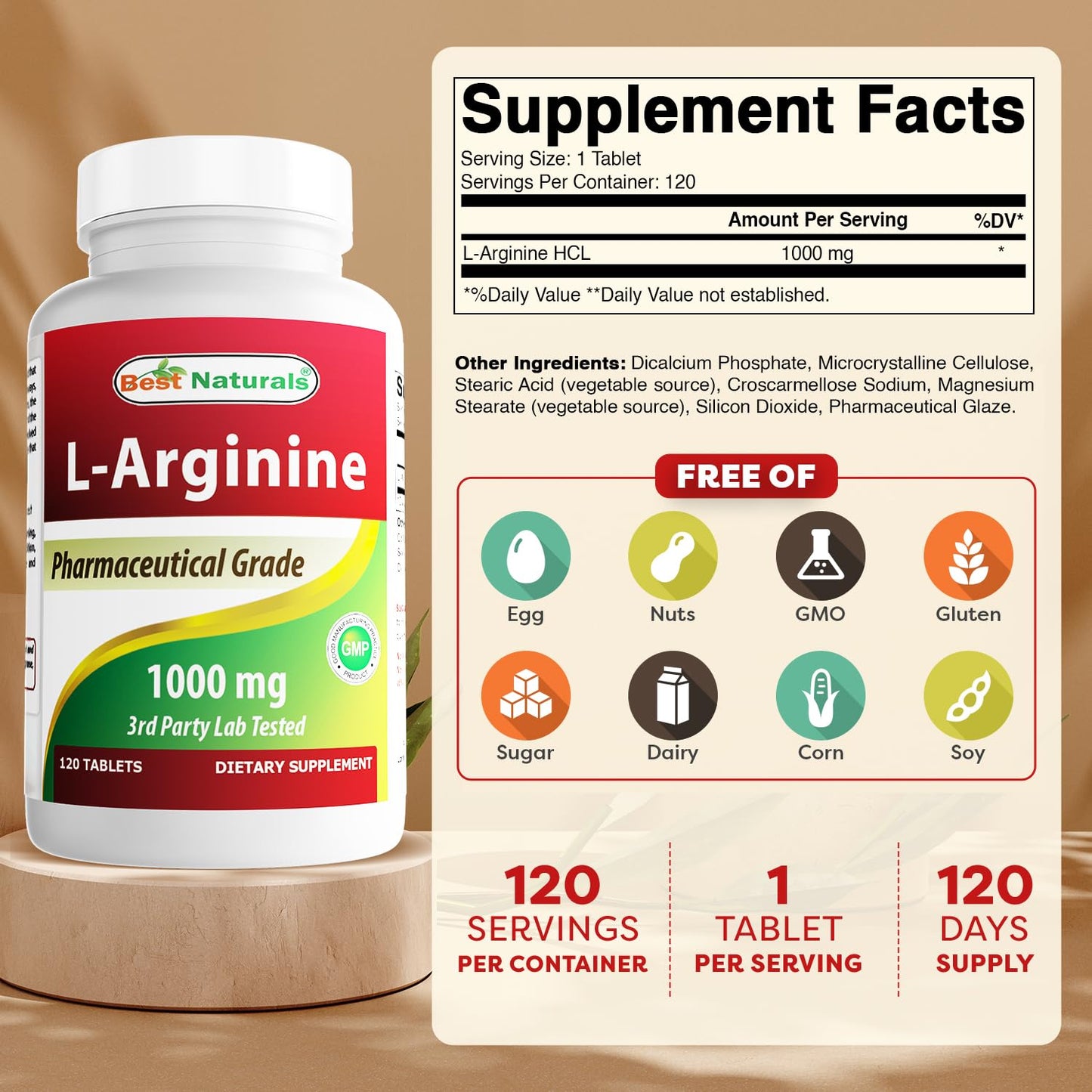 (New Improved Formula) Best Naturals L-Arginine 1000 mg 120 Tablets - Pharmaceutical Grade L Arginine Supplement - Maple Wellness Supplements