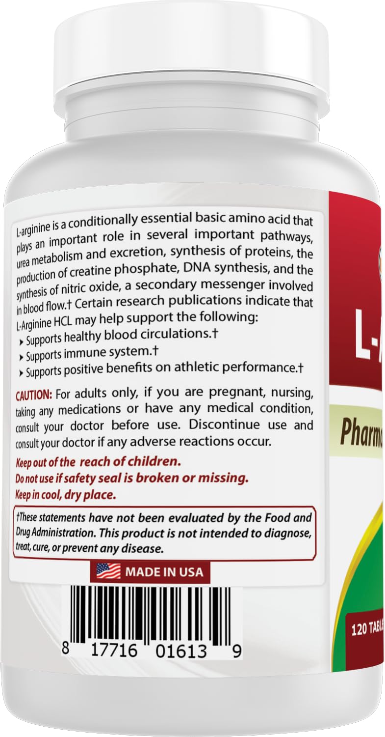 (New Improved Formula) Best Naturals L-Arginine 1000 mg 120 Tablets - Pharmaceutical Grade L Arginine Supplement - Maple Wellness Supplements