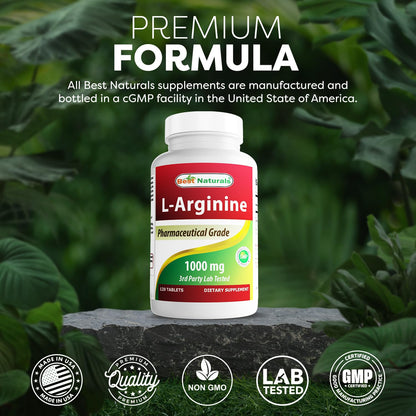 (New Improved Formula) Best Naturals L-Arginine 1000 mg 120 Tablets - Pharmaceutical Grade L Arginine Supplement - Maple Wellness Supplements