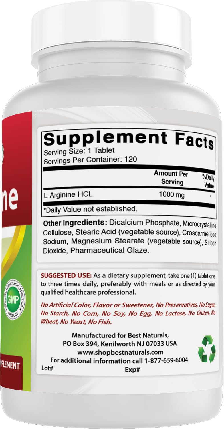 (New Improved Formula) Best Naturals L-Arginine 1000 mg 120 Tablets - Pharmaceutical Grade L Arginine Supplement - Maple Wellness Supplements