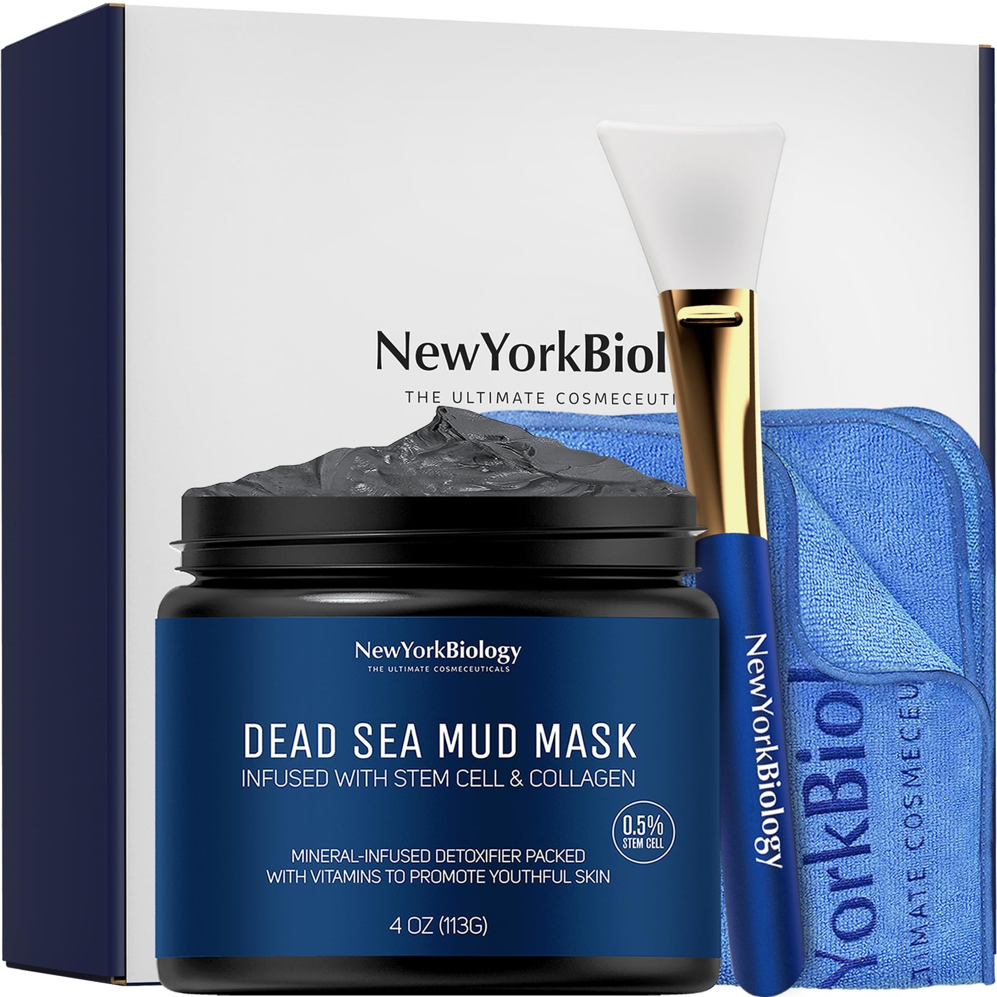 New York Biology Dead Sea Mud Mask for Face & Body | with Stem Cell and Collagen | Face Mask, Brush Applicator, Towel | Spa Quality Pore Refiner for Oily Skin - Maple Wellness Supplements