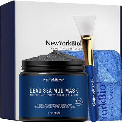 New York Biology Dead Sea Mud Mask for Face & Body | with Stem Cell and Collagen | Face Mask, Brush Applicator, Towel | Spa Quality Pore Refiner for Oily Skin - Maple Wellness Supplements