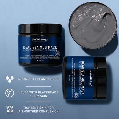 New York Biology Dead Sea Mud Mask for Face & Body | with Stem Cell and Collagen | Face Mask, Brush Applicator, Towel | Spa Quality Pore Refiner for Oily Skin - Maple Wellness Supplements
